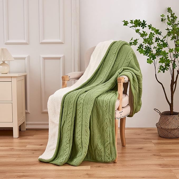 Longhui bedding Sage Green Acrylic Cable Knit Sherpa Throw Blanket - Thick, Soft, Big, Cozy Knitted Fleece Blankets for Couch, Sofa, Bed - Large 60 x 80 Inches Coverlet All Season
