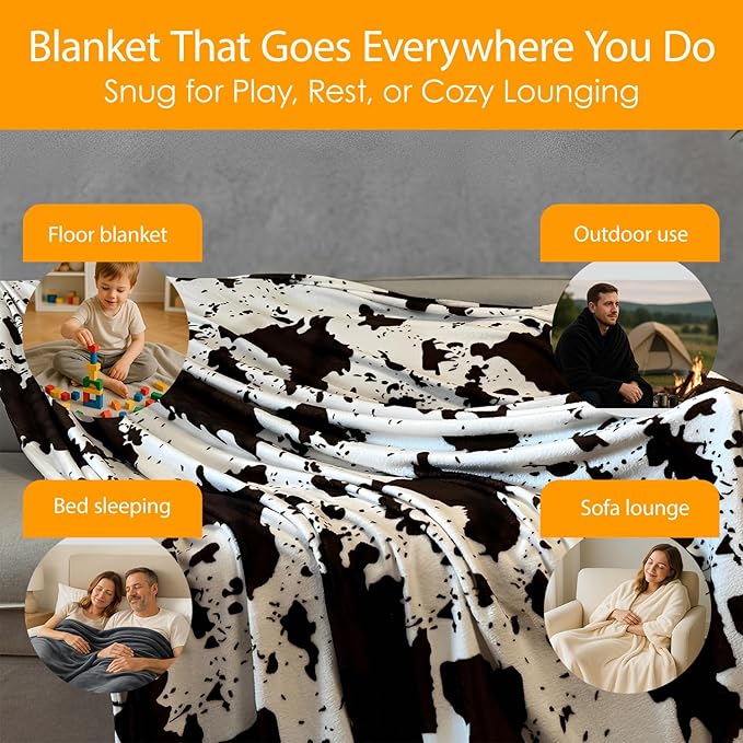 Fleece Blanket Full/Queen - 80x90 Inch Lightweight & Buttery-Soft Throw for Bed, Sofa, Camping | 300GSM Cloud-Touch Microfiber | Cozy Essentials for Travel & Movie Nights, (Cow)