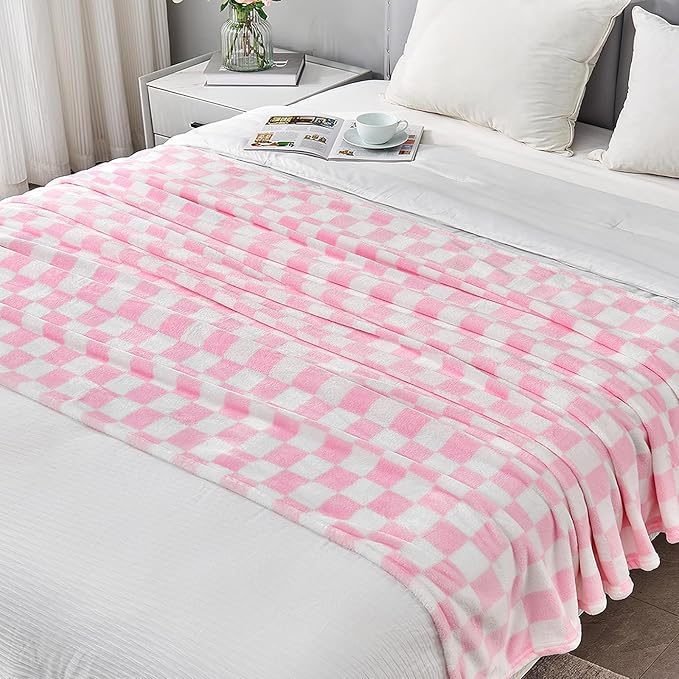 Pink Checkered Blanket, Ultra Soft Fleece Checkered Throw Blankets for Couch Bed and Travel, Luxury Throws for All Seasons, 50x60 Inch, Pink
