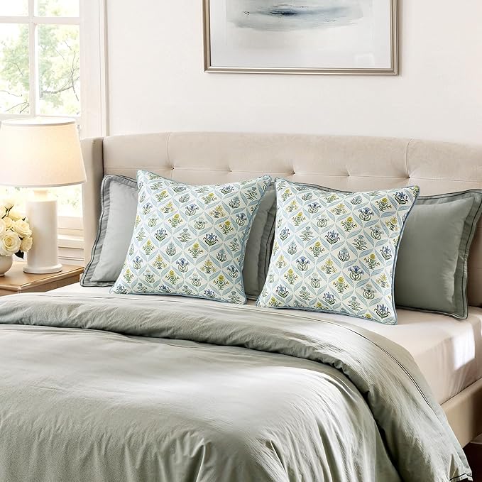MIULEE Floral Throw Pillow Covers 20x20 Set of 2 Light Blue Spring Decorative Block Print Cotton Cushion Covers for Couch Living Room, Modern Outdoor Sofa Vintage Garden Pillowcases Home Decor
