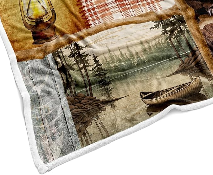 JAWO Rustic Cabin Throw Blankets, Farmhouse Country Antique Bear Moose Forest Vintage Cozy Warm Bed Couch Blanket，Hunting Camping Theme Fleece Flannel Throws to Decorate The Room and Bedroom 50X60IN