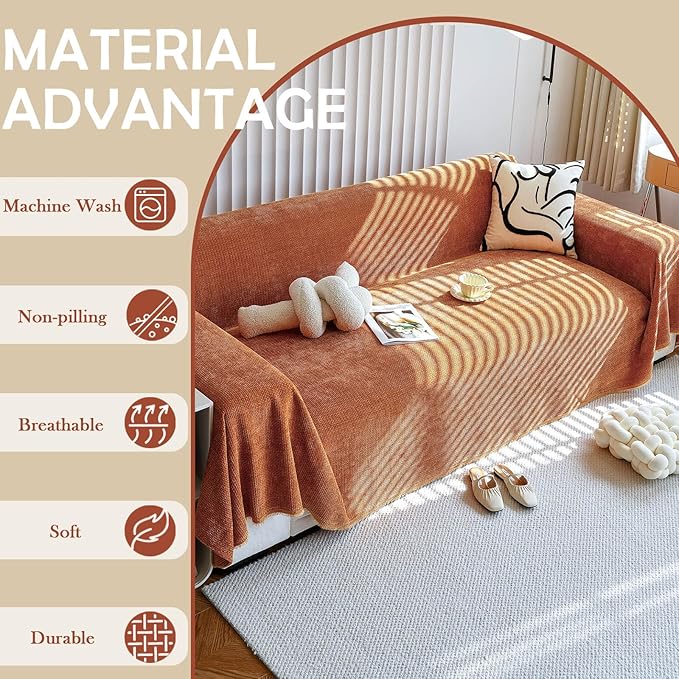 HANDONTIME Brunt Orange Couch Covers for 3 Cushion Couch Sofa Washable Corduroy Jacquard Sofa Slipcovers Caramel Couch Cover for Kids Soft Chenille Sofa Covers Couch Cover Blanket Thick, 91" X150"