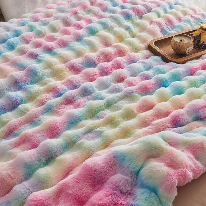 EMME Faux Fur Blanket King Size Rainbow - Big Bubble Rabbit Cozy Blanket for Couch, Thick Furry Plush Shaggy Blankets, 650GSM, 108x90 Inches