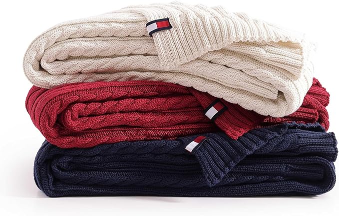 Tommy Hilfiger - Blanket, Ultra-Soft Cable Knit Throw Blanket for Bed or Couch, Lightweight Bedding with a Soft Textured Feel & Iconic Flag Logo (Red, 50" x 70")