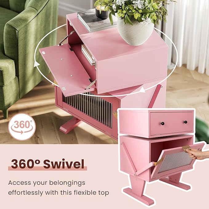 RoyalCraft Nightstand with LED Light Strips, Pink End Table with 360° Rotating Drawer, Modern Bedside Table with Glass Door Storage, Wood Night Stand Cabinet for Bedroom, Home Office, Pink
