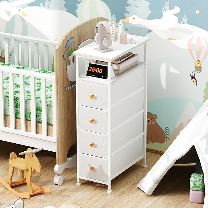 Narrow Bedside Table with USB Port, 4 Drawers Storage Cabinet, Nightstand with Power Socket, Suitable for Small Space Bedroom, Living Room, White