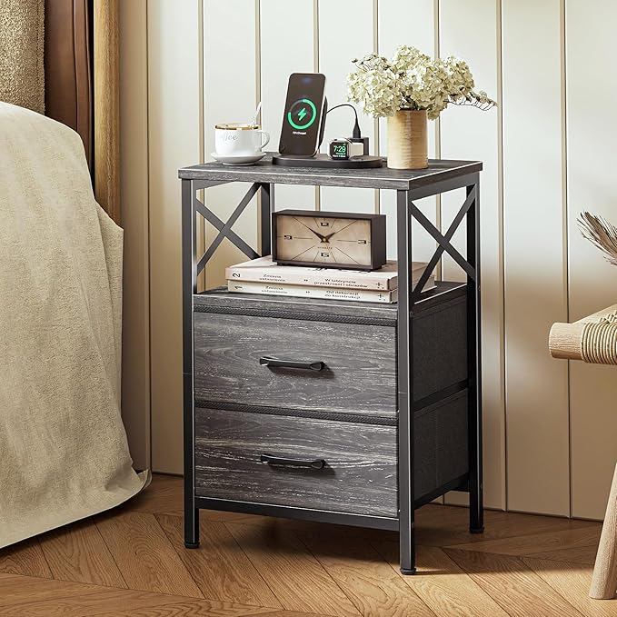 Huuger Nightstands Set of 2, Night Stand with Charger Station, 2 Drawer Side Table with Open Shelf, USB-C Port, End Table for Small Spaces, X Shaped Side Rail, Charcoal Black