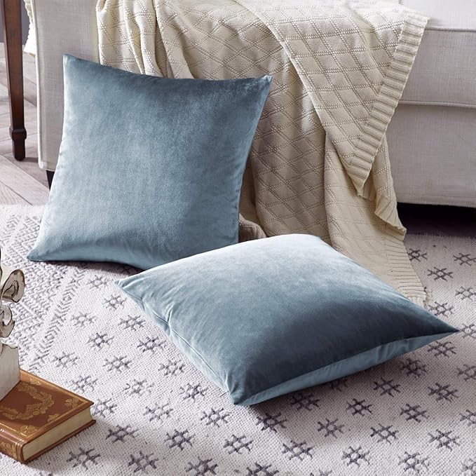 GIGIZAZA Decorative Throw Pillow Covers 20 x 20, Grey Blue Sofa Pillow Covers Velvet, Set of 4 Decor Square Cushion Covers