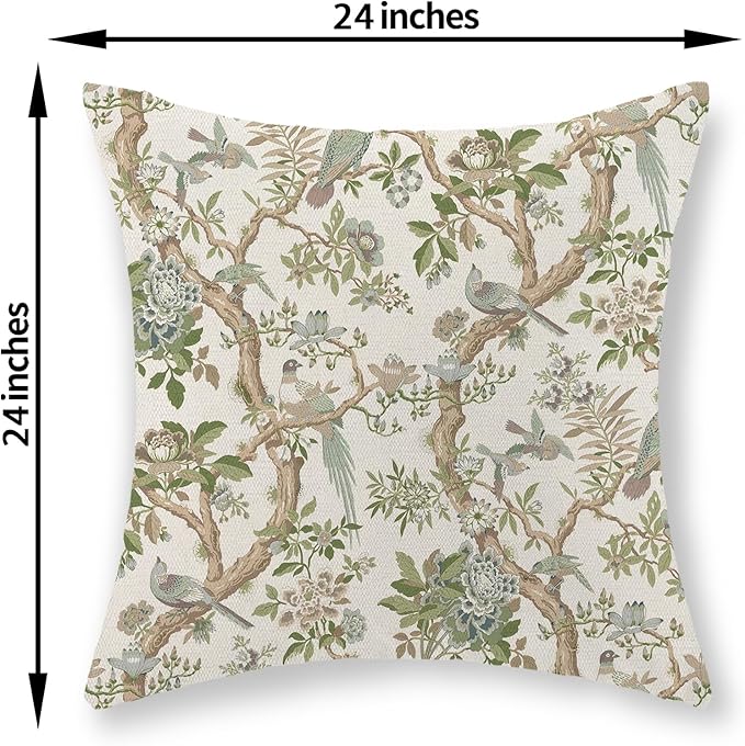 Green Floral Bird Pillow Covers 24x24 Set of 2 Chinoiserie Throw Pillows Green Vintage Flowers Bird Decorative Pillow Cases Outdoor Chinoiserie Decor Farmhouse Cushion Case for Couch Sofa