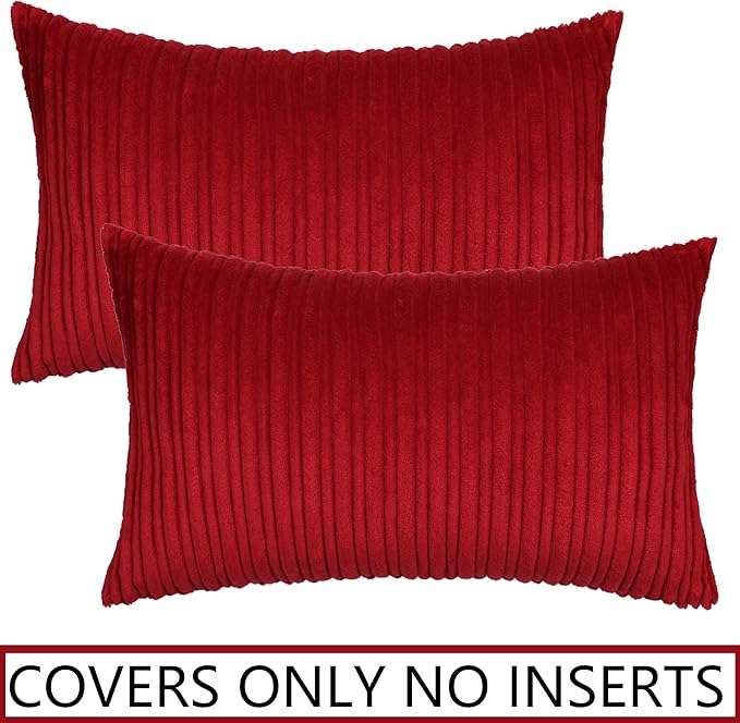 UGASA Pack of 2 Christmas Velvet Pillow Covers Striped, Soft Textured Throw Cushion Accent Corduroy Lumbar Hidden Zipper for Home Decor Indoor (12"x20", Burgundy)