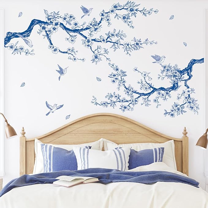 SHUCHING Blue and White Flower Wall Sticker, Tree Branch Wall Decal Peel and Stick, Vintage Boho Floral Wall Art Decor for Bedroom Living Room