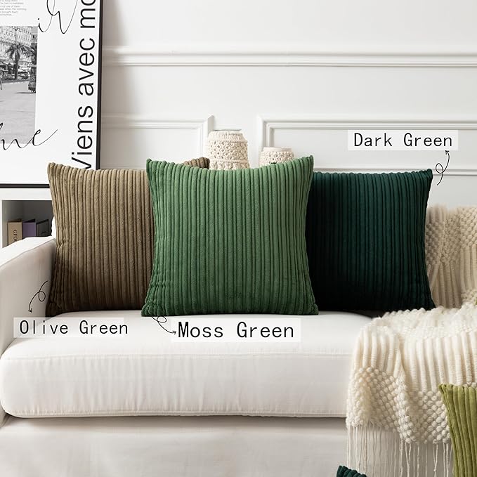 UGASA Velvet 20x20 Inch Soft Throw Pillow Covers Decorative Corduroy Striped Both Sides Solid Square Cushion Cases Boho Farmhouse for Couch Bedroom Sofa Home, Pack of 2, Moss Green