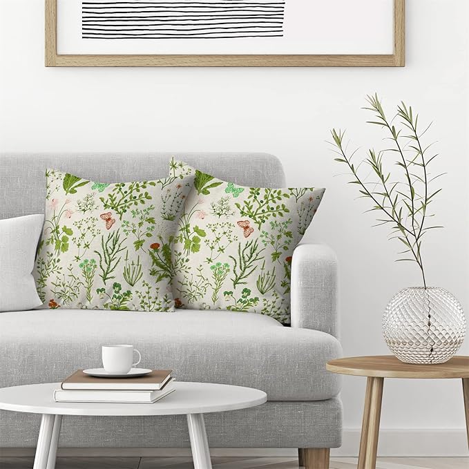 AEIOAE Summer Pillow Covers 18x18 Inch Set of 2,Green Wild Flower Plant Throw Pillows Case,Seasonal Floral Outdoor Decorative Square Linen Farmhouse Decor Cushion Covers for Home Sofa Bed Couch
