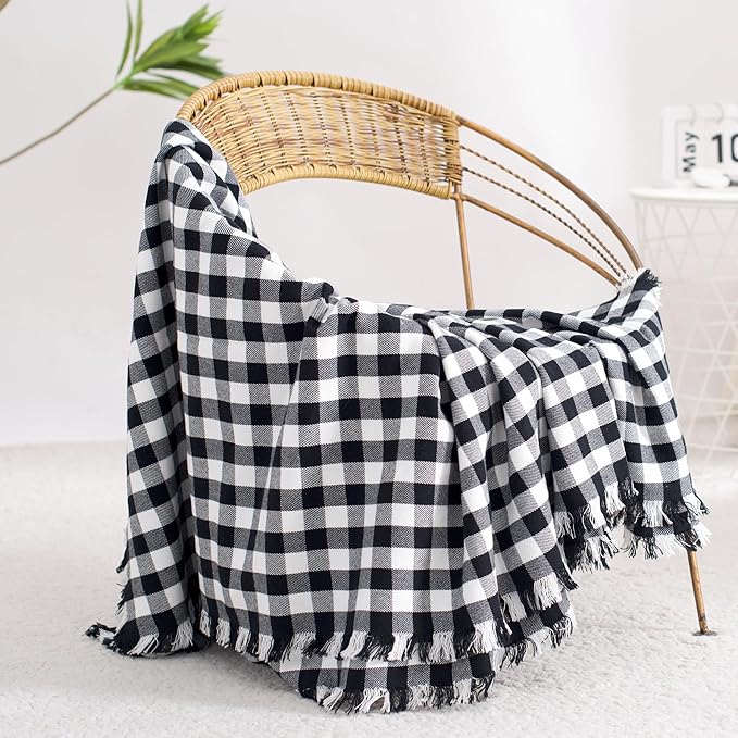 100% Cotton Throw Blanket Plaid Soft Lightweight Cozy Farmhouse Tassels Summer Thin Breathable Throws for Couch Sofa Bed (50" × 60" Black)