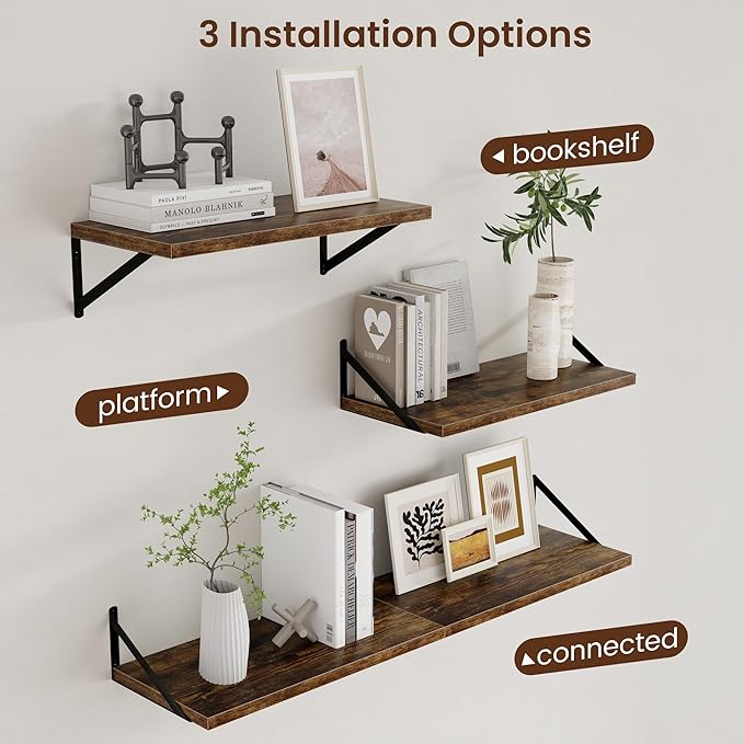 Axeman 12 Inch Deep Floating Shelves for Wall - 24 Inch Wide x 12 Inch Deep Wall Shelves Set of 2 - Rustic Wood Floating Shelves for Living Room