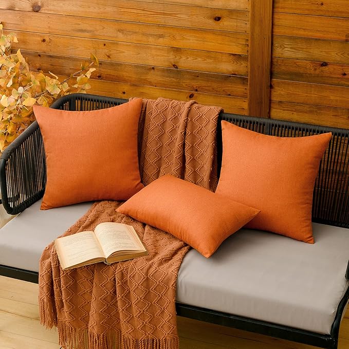 MIULEE Pack of 2 Decorative Outdoor Solid Waterproof Throw Pillow Covers Faux Linen Garden Farmhouse Cushion Cases for Summer Patio Tent Balcony Couch Sofa 12x12 Inch Orange