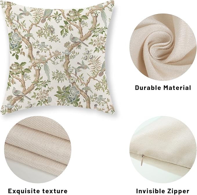 Green Floral Bird Pillow Covers 24x24 Set of 2 Chinoiserie Throw Pillows Green Vintage Flowers Bird Decorative Pillow Cases Outdoor Chinoiserie Decor Farmhouse Cushion Case for Couch Sofa