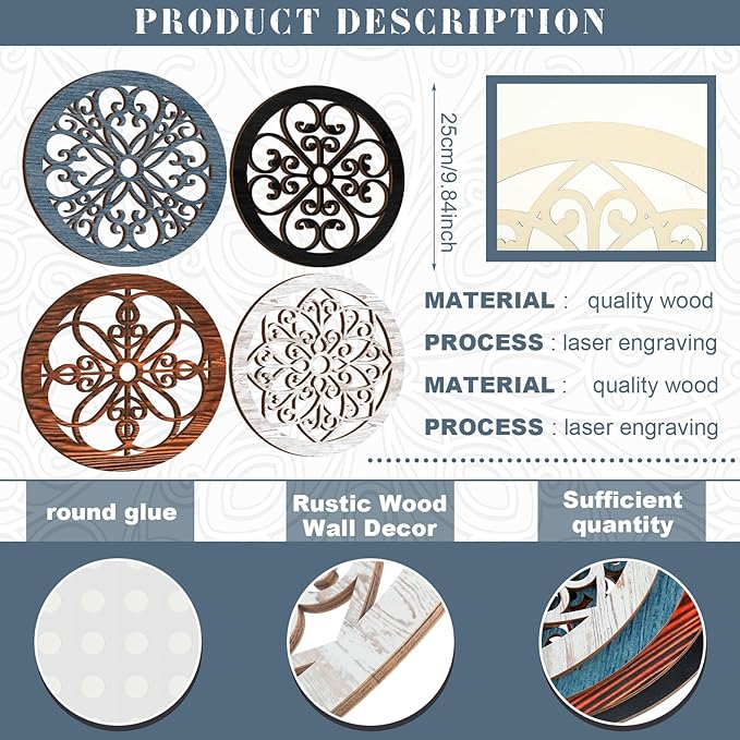 Yulejo 4 Pcs Thicken Rustic Wall Decor Farmhouse Wall Art Wooden Hollow Carved Design Rustic Round Art for Living Room Bedroom Hallway Decor Kitchen(15.7 x 15.7 Inch,groovy Style,Assorted Color)