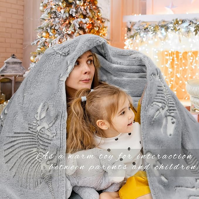Glow in The Dark Blanket Dinosaur Blanket for Boys Kids Soft Cute Dino Throw Blanket Christmas Toys Gifts Gray Glowing Dinosaur Blankets for Bed 90x90 inch