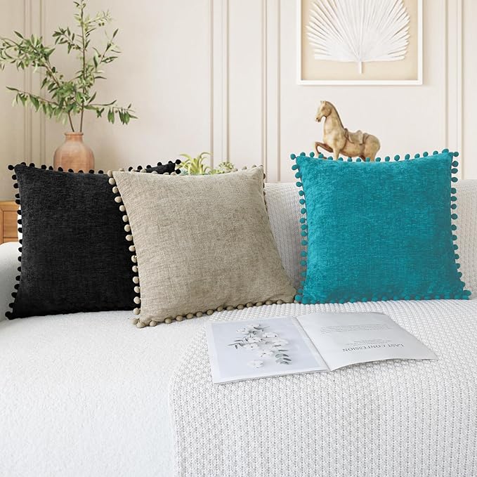 CaliTime Throw Pillow Covers Decorative 18 X 18 Inches Pack of 2 Cozy Solid Dyed Soft Chenille Cushion Cases with Pom Poms for Couch Sofa Bed Living Room Home Lake Blue