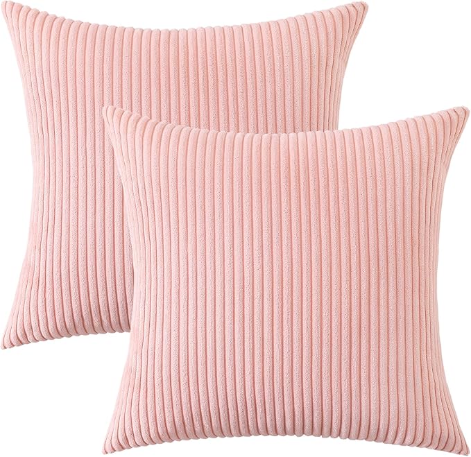 Mecatny Corduroy Spring Decorative Throw Pillow Covers 18x18 Set of 2 for Sofa Living Room, Soft Neutral Boho Couch Pillow Covers for Home Decor, Pink
