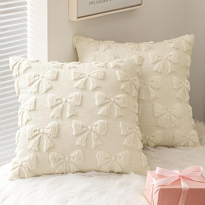 MIULEE Cream White Bow Pillow Covers Coquette Room Decor Aesthetic Set of 2 Spring Decorative Cute Girl Soft Plush Faux Pillowcase for Preppy Room Decor Bedroom Couch,18x18 Inch