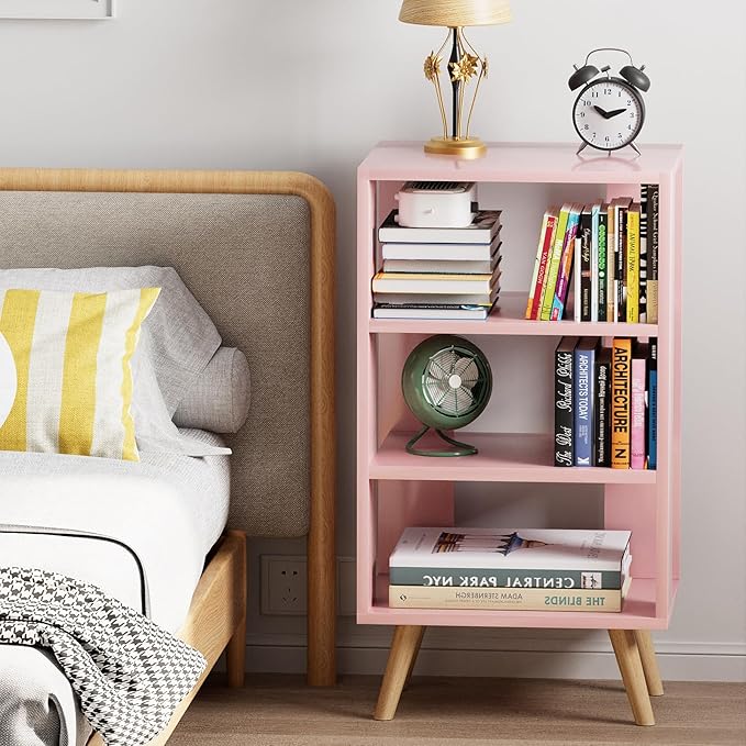 Night Stand, Pink Nightstand, Modern End Table with Open Storage, 3-Tier Wooden Bedside Table for Small Space, Living Room, Bedroom