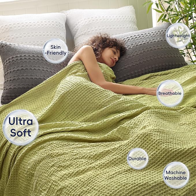 PHF Ultra Soft Waffle Weave Blanket Queen Size 90"x 90"- Washed Lightweight Breathable Cozy Woven Blanket for Bed - Aesthetic Decor for Couch Bedding Sofa Home Car - Olive Green