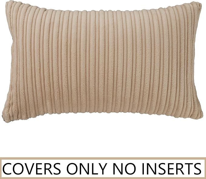 UGASA 14x20 Inch Pillow Cover Pack of 1 Soft Boho Stripe Corduroy Long Rectangular Lumbar Cushion Cover Farmhouse Decorative Throw Pillowcase for Bed, Couch, Sofa, Bedroom, Living Room, Beige