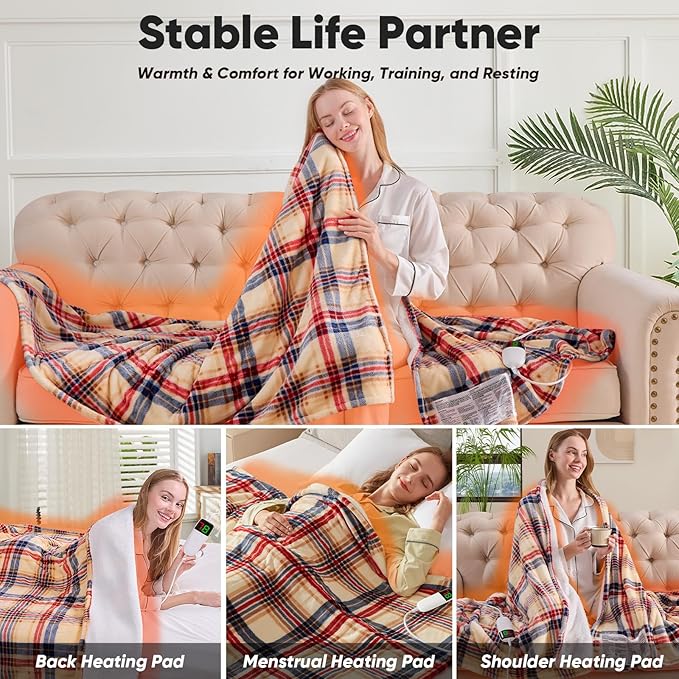OCTROT Brown Heated Blanket Electric Throw, 50X60 Heating Throw with 10 Heating Levels & 8 Hours Auto Off, Plaid Sherpa Blanket Warmer for Adults, Farmhouse Home Decor for Couch for Mom