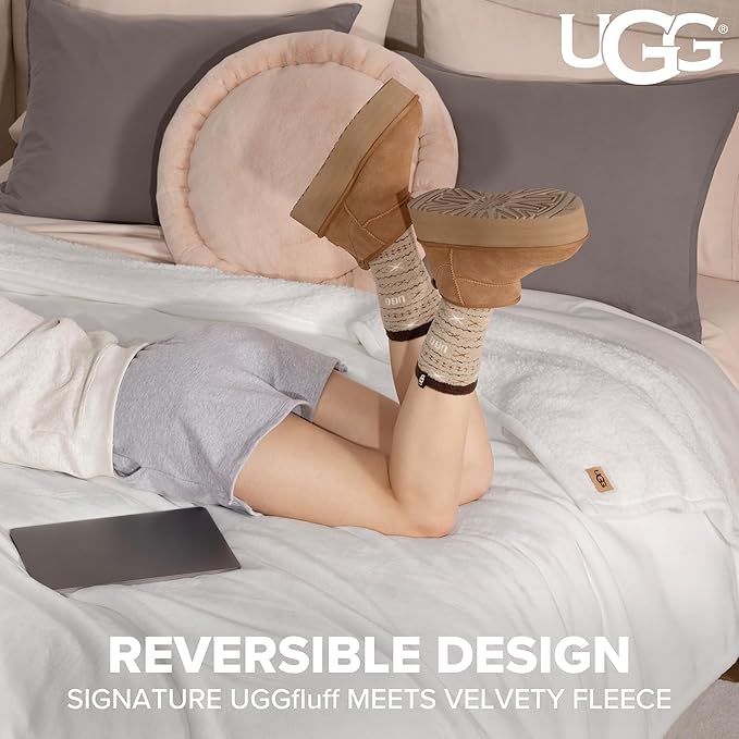UGG Nita Full/Queen Blanket, Cozy Soft Queen Bedding, Plush Fleece Blanket for Bed, Extra Large Throw for Couch, Luxury Bedroom Decor, 90-inch x 90-inch, White Snow