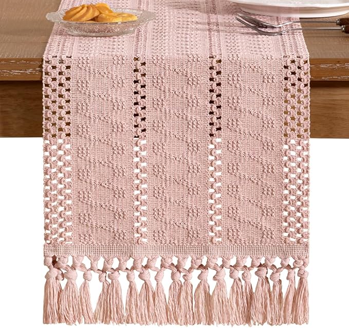 Socomi Boho Table Runner Easter Spring Farmhouse Rustic Dining Kitchen Centerpiece Decor Small Macrame Woven Cotton Linen Coffee Table Runner for Dresser Scarf Home Decor 12x48 in Pink