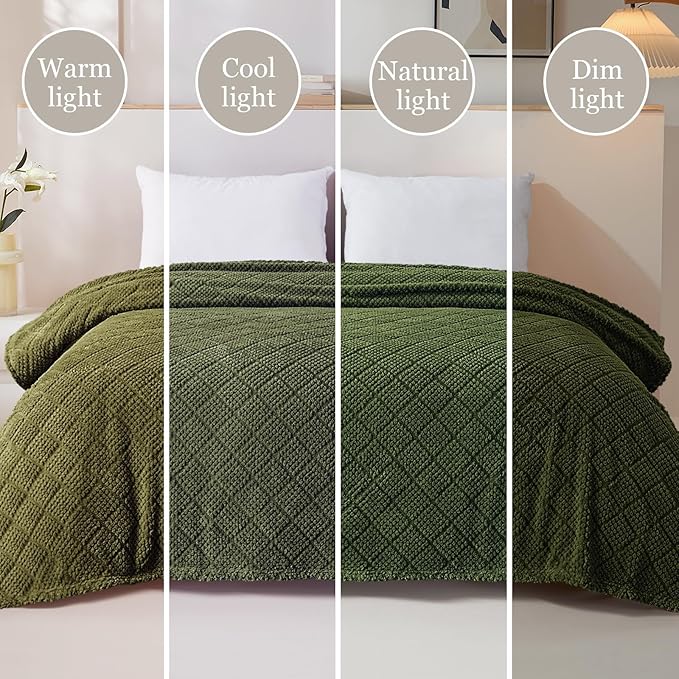 Whale Flotilla Fuzzy Fleece Throw Blanket for Couch, Bed, Soft Fluffy Jacquard Waffle Blankets for All Season, Lightweight and Warm, 50x60 Inch, Olive