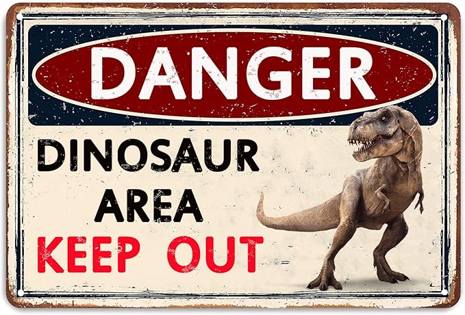 Funny Dinosaur Signs Wall Decoration Boys Bedroom Decor Retro Caution Metal Sign Dinosaur Poster Theme Dinosaur Room Decor Kids Gift Bathroom Cave Dinosaur Accessories Decorations 12x8 Inch