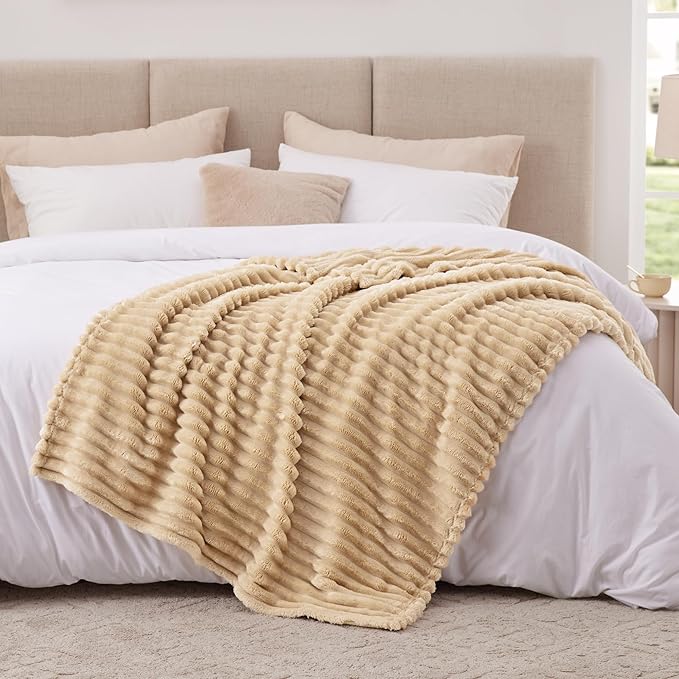 EXQ Home Fleece Throw Blanket for Couch or Bed - 3D Stripe Jacquard Decorative Blankets - Cozy Soft Lightweight Fuzzy Flannel Blanket Suitable for All Seasons(50"×60",Camel)