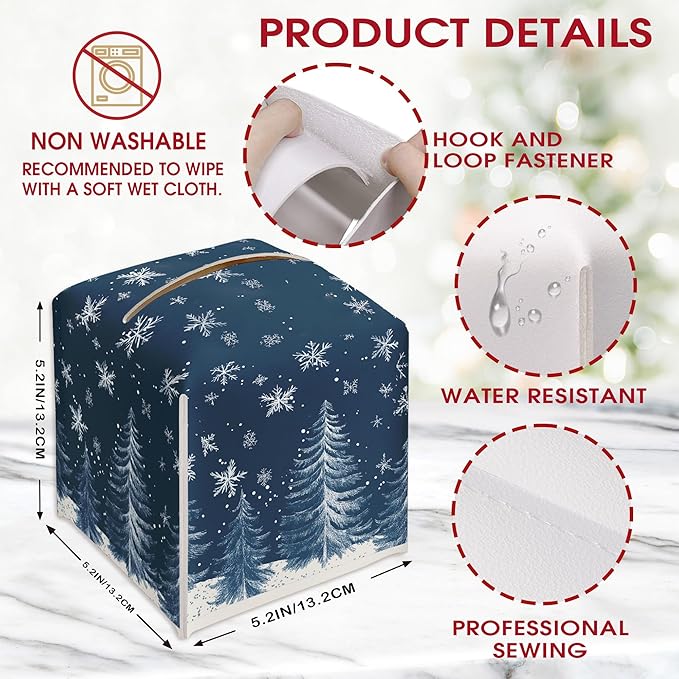 Christmas Trees Snowflake Leather Tissue Box Cover Holder, Blue Tissue Box Cover Square, Xmas Gift Ideas for Family Friends, Bathroom Kitchen Car Office Home Table Decor(5.2 Inches)-B14