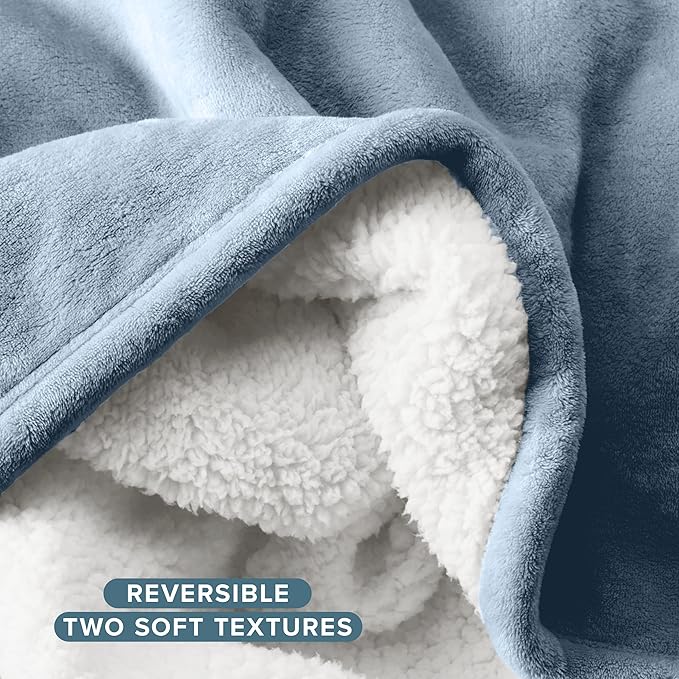 Bare Home Sherpa Fleece Blanket - Full/Queen Size - Blanket for Bed, Sofa, and Couch - Warm & Lightweight - Fluffy & Soft - Reversible (Full/Queen, Dusty Blue)
