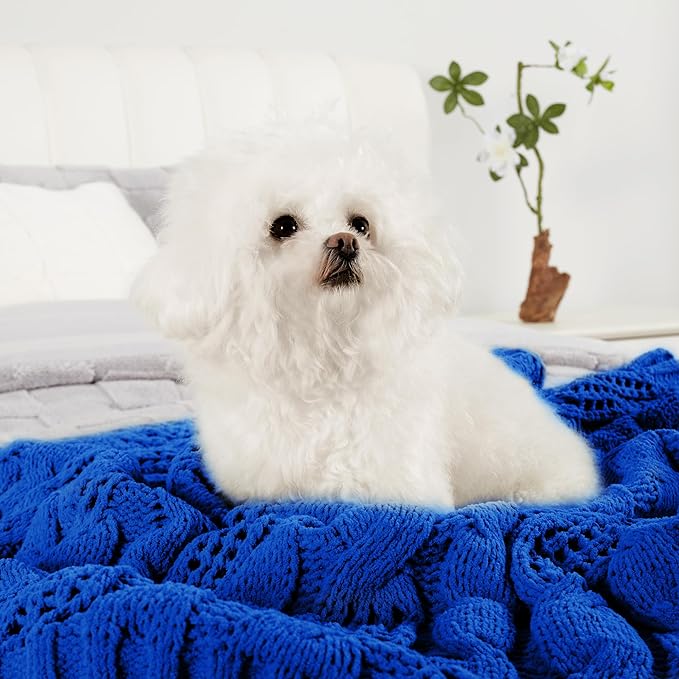 Amélie Home Chunky Knit Throw Blanket, Dual-Sided Soft Chenille Breathable Cable Knitted Blanket for Couch, Farmhouse Decorative Throw for Sofa & Chair, 50"x60", Blue