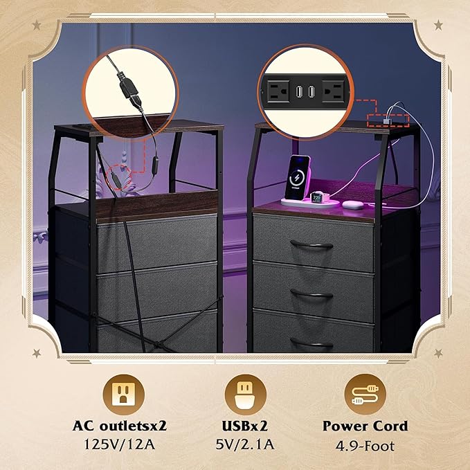 WLIVE Nightstand with Charging Station, Night Stand with LED Light, Tall 4 Drawer Dresser for Bedroom, 37" H Bedside Table with Fabric Storage Bins, Open Wood Shelf, Metal Frame, Dark Grey