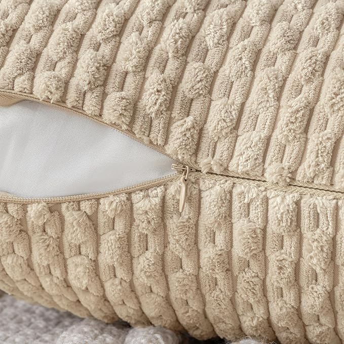 MIULEE Pack of 2 Decorative Throw Pillow Covers 16x16 Inch Soft Boho Striped Textured Corduroy Pillow Covers Modern Farmhouse Home Decor for Couch Bed Sofa Living Room Beige