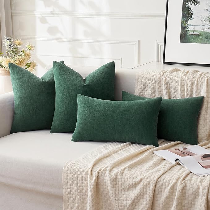 MIULEE Dark Green Couch Pillow Covers 18x18 Inch, Set of 2 Soft Chenille Decorative Square Throw Pillow Covers Farmhouse for Sofa Living Room Bed