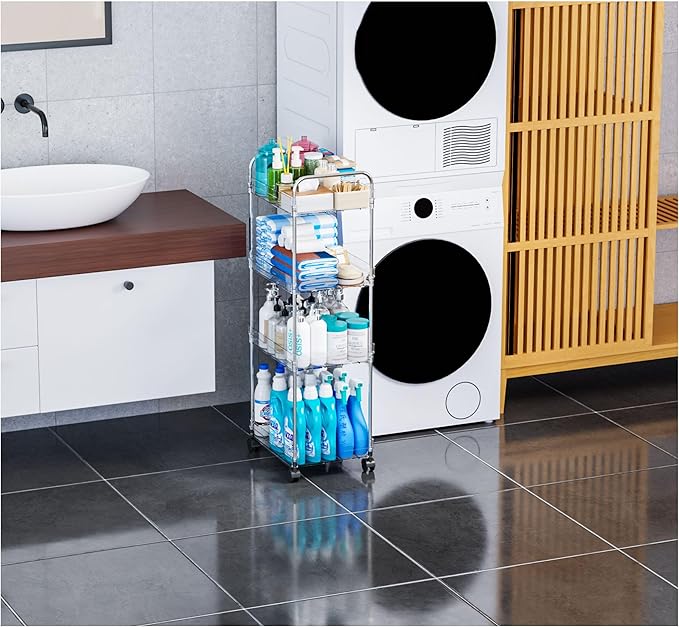 Yieach 4 Tier Acrylic Clear Rolling Cart with Wheels,Plastic Storage Cart on Wheels for Bedside,Dorm Room,Bathroom Organizers and Storage Shelf,Utility Cart Organizer for Snack,Craft,Art,Makeup,Baby