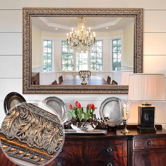 Chende 41" L x 29" W Rectangular Wall Mirror for Living Room Decor, Large Decorative Mirror with Bronze Carved Wood Frame, Dining Room, Bedroom, Hallway, Salon