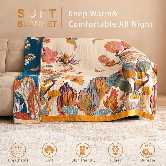 Boho Throw Blanket - 100% Cotton Soft Spring Throw Blanket for Bed, 50"x60" Reversible Breathable Lightweight Blankets, All Seasons Farmhouse Decor Floral Plant Butterfly Throw Quilt