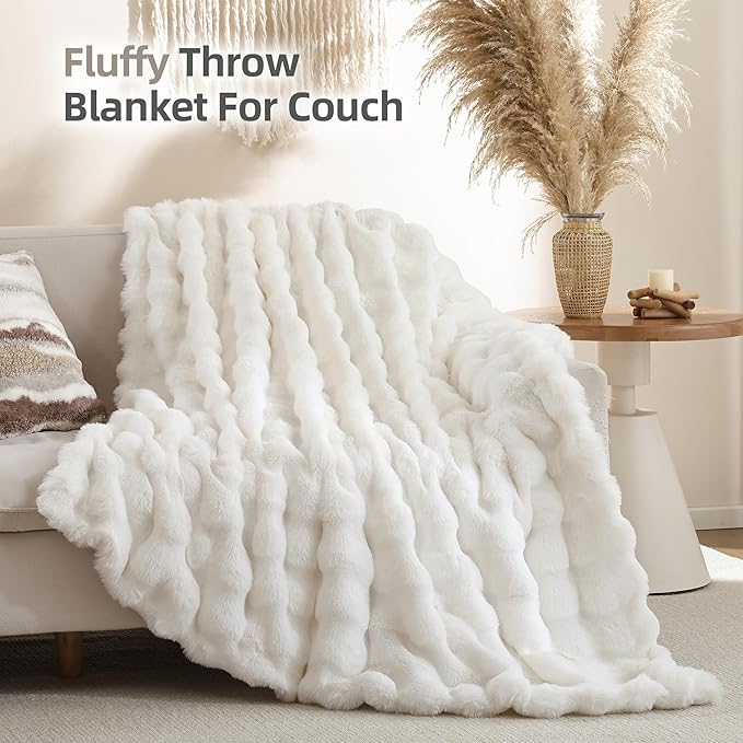 Smoofy Faux Fur Throw Blanket for Couch – Cream White Fluffy Cozy Rabbit Fleece, Plush Soft Bubble Blanket for Sofa & Bed, for Mom, Warm Fuzzy Home Room Decor Throw 50" x 60"