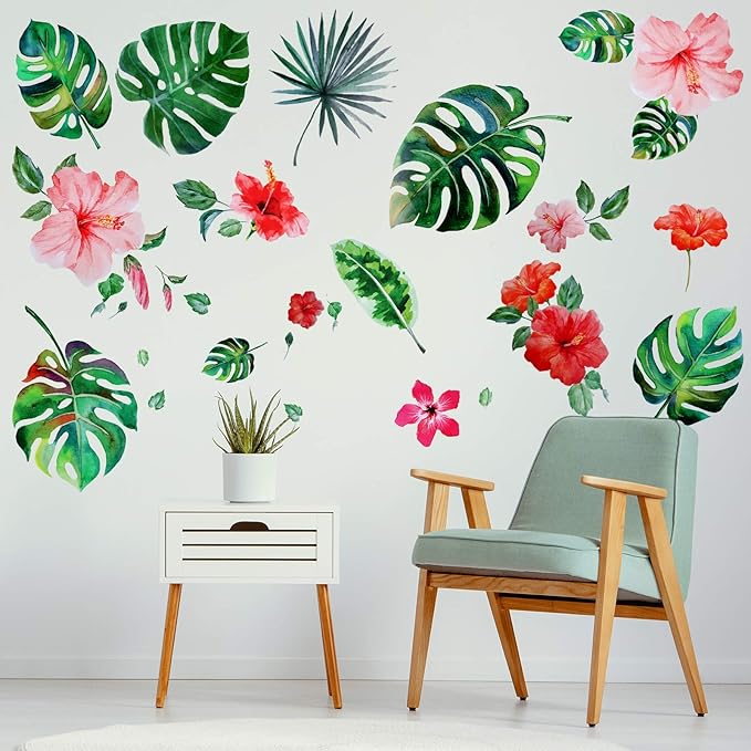 Zonon 66 Pieces Large Hawaiian Floral Wall Decals Jungle Tropical Palm Leaves Window Clings Removable Hibiscus Flower Wallpaper Stickers Green Plants Peel Sticker for DIY Craft Classroom Home Decor