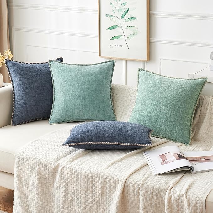 MIULEE Pack of 2 Summer Throw Pillow Covers 18x18 Inch Coastal Aqua Blue Farmhouse Decorative Pillow Covers Stitched Edge Soft Chenille Solid Dyed Spring Pillow Covers for Couch Sofa Bed Living Room