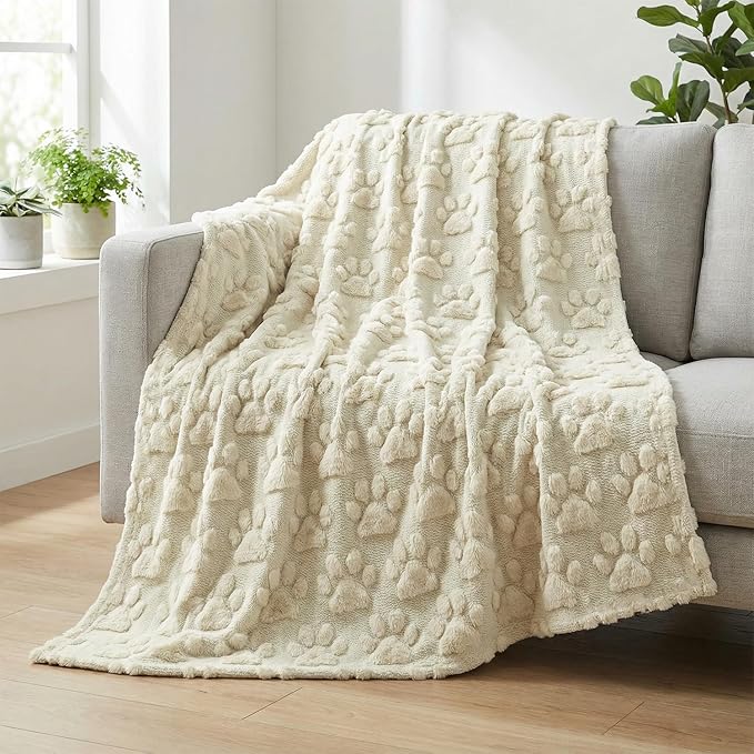 Horaldaily Dog Paws Blanket Throw, Beige Farmhouse Dog Paws Soft Fuzzy Plush Faux Fur Cozy Blankets for Couch Sofa Bed Lounging, Ideal Gifts for Kids Adults Wife Self, 50x60