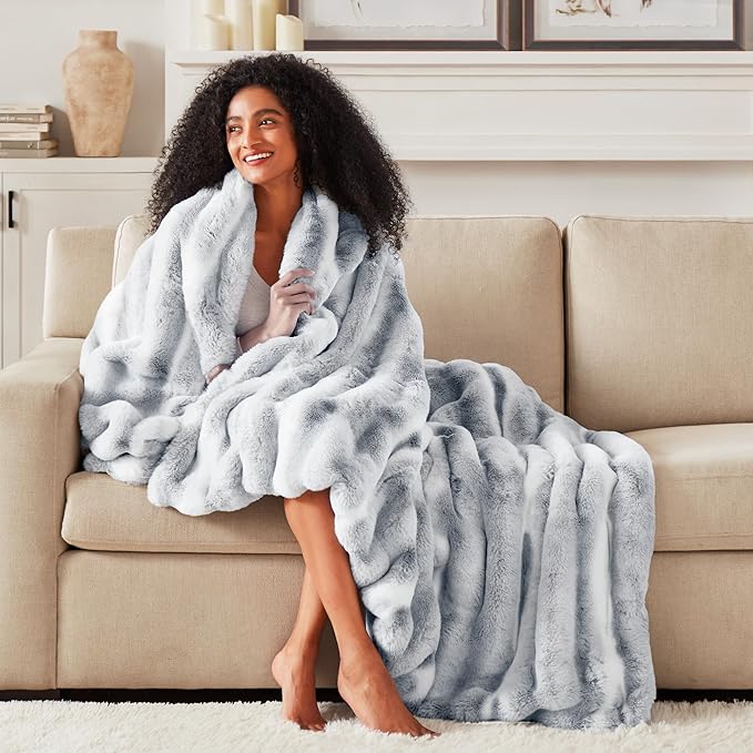 Hyde Lane Luxury Fluffy Faux Rabbit Fur Throw Blanket - Ultra Soft Cozy Blankets for Sofa, Couch, Bedroom | Warm Thick Fuzzy Throws As a Gift, Snow Lynx, 60"x80"