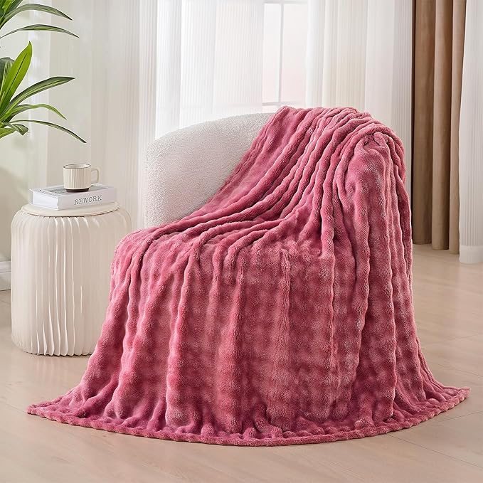 3D Bubble Plush Blanket Textured Fleece Throw Soft Warm Cozy Blanket Couch Bed Twin Rose 60x80 Inches